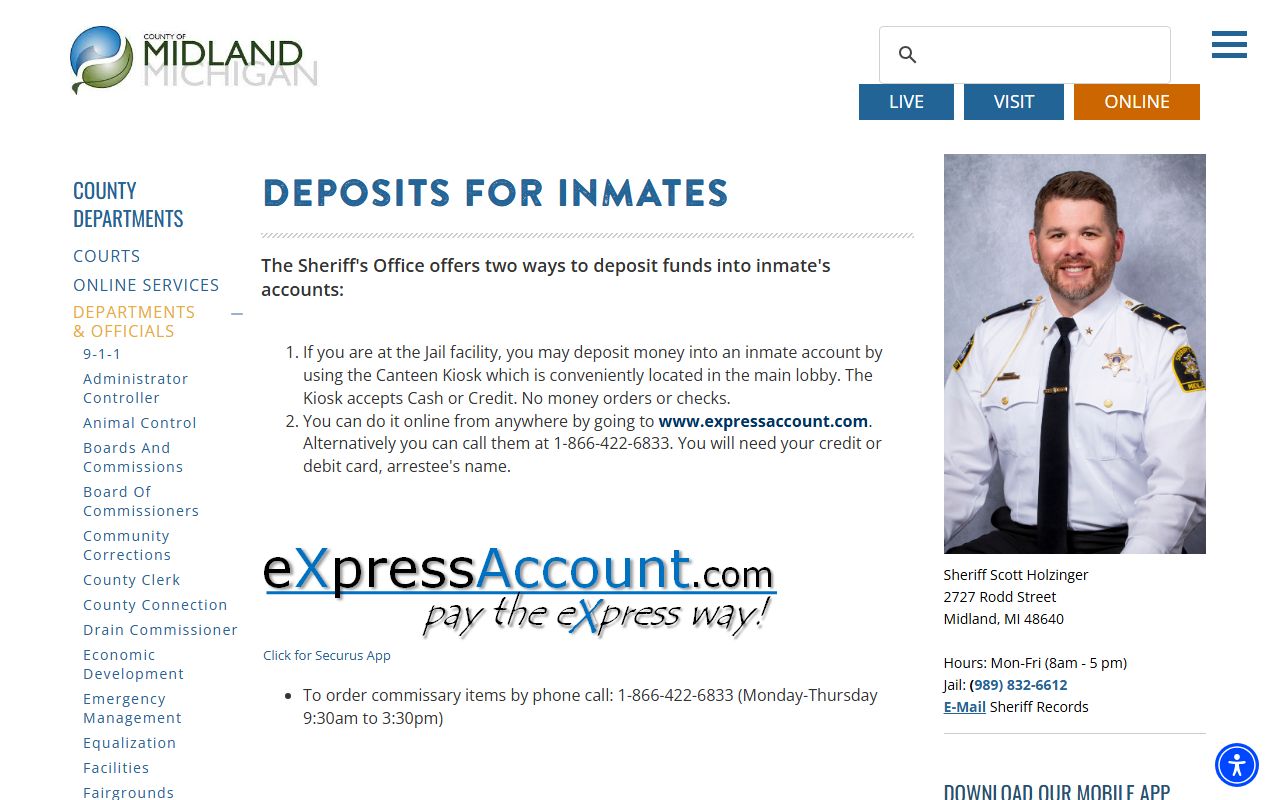 Midland County Jail inmate funds page showing deposit and commissary channels