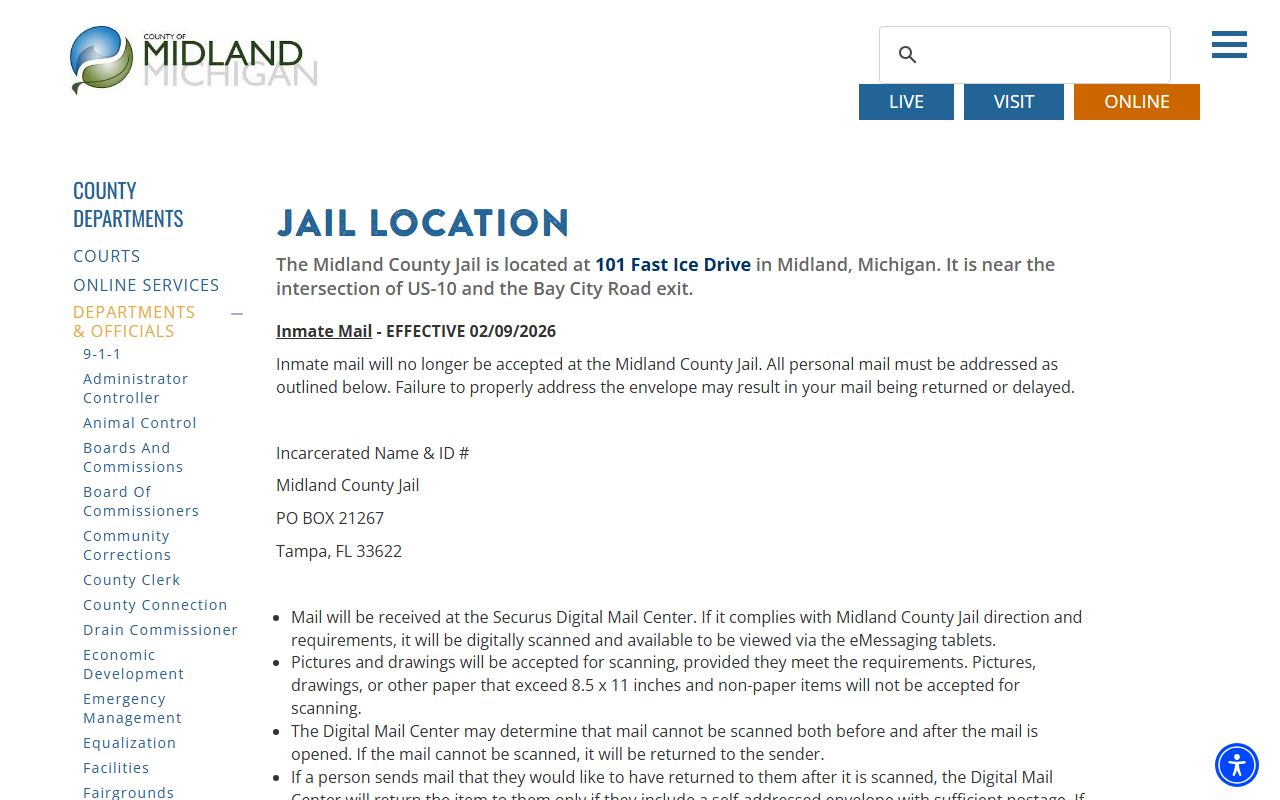 Midland County Jail location and inmate mail page showing Fast Ice Drive and mail rules