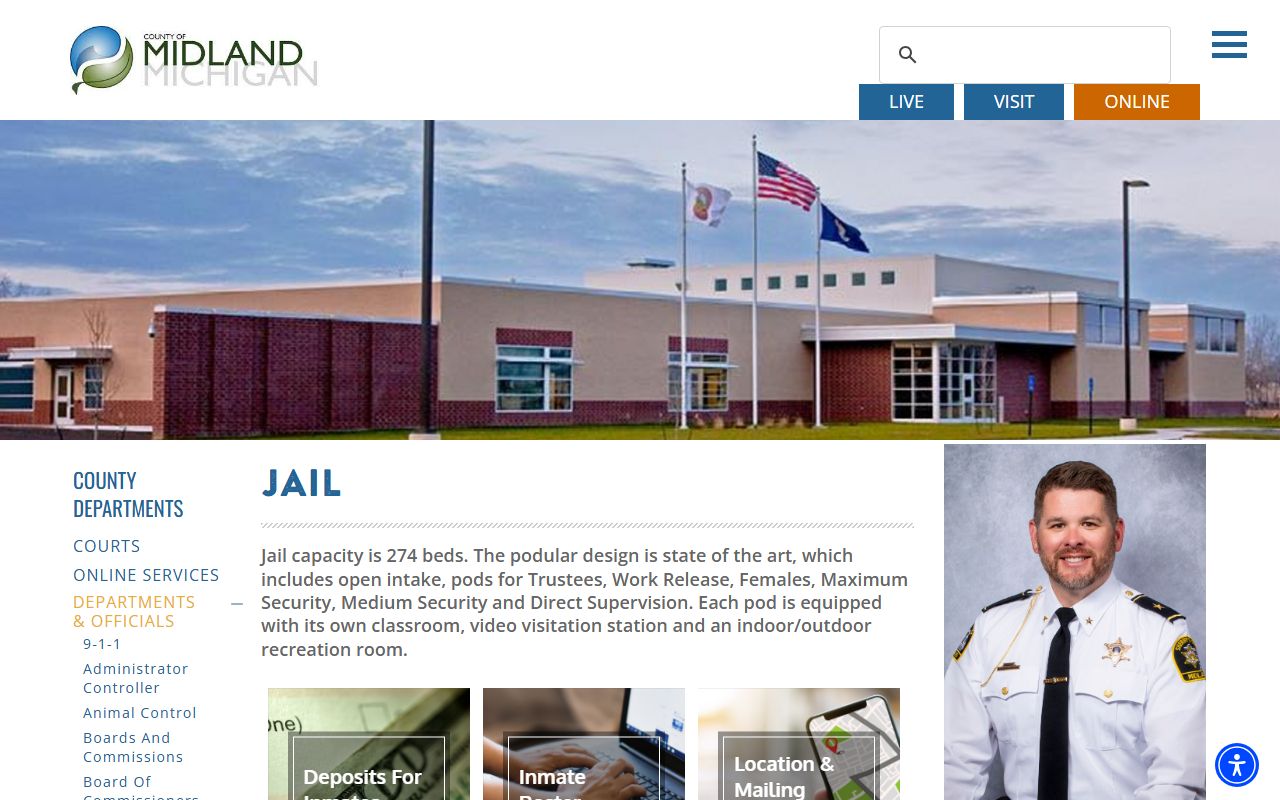 Midland County inmate population jail page showing roster and capacity links
