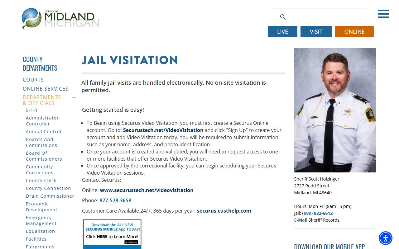Midland County inmate records visitation page showing Securus video visitation rules